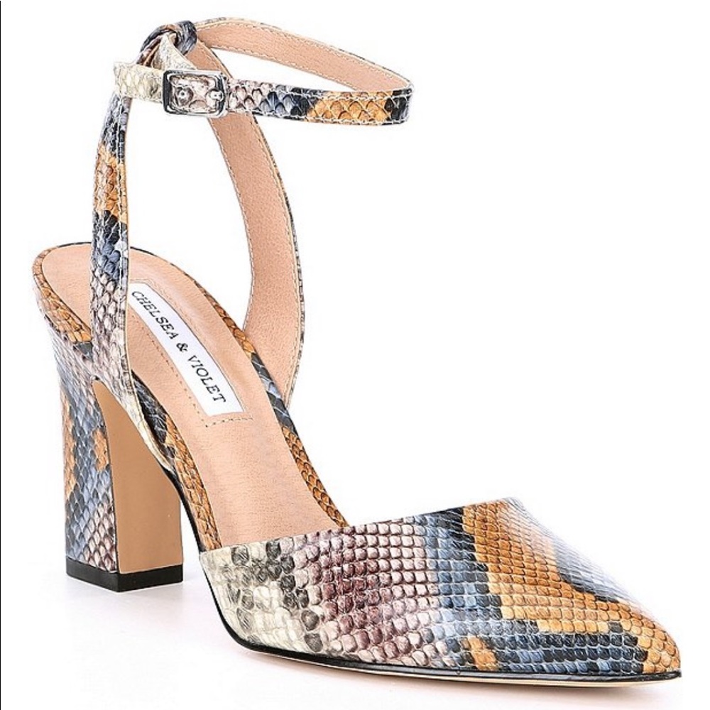 Mary Snake Print Leather Pointed Toe Block Heel